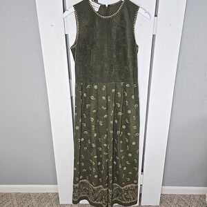 Karin Stevens VTG Maxi Dress 8 Faux Suede Green Paisley Goblincore Artsy Western